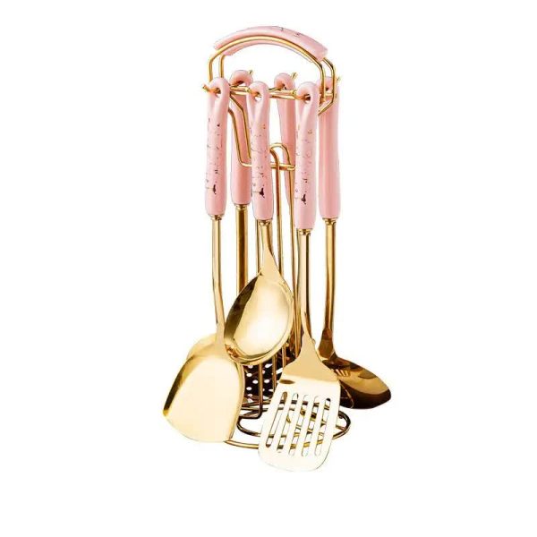 7-Piece Pink Gold Stainless Steel Kitchen Utensil Set | Cooking Tools with Stand