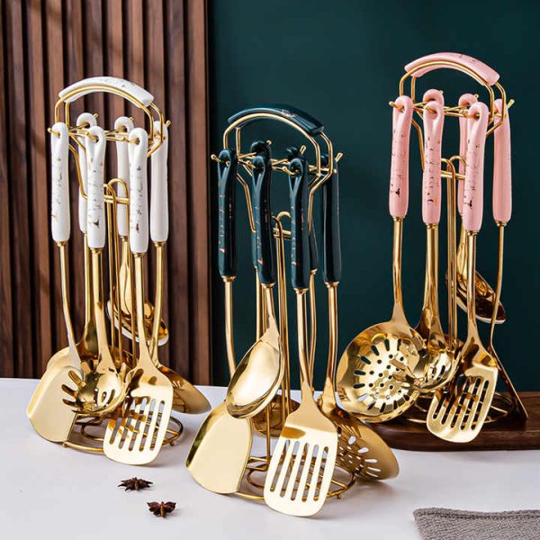 7-Piece Pink Gold Stainless Steel Kitchen Utensil Set | Cooking Tools with Stand
