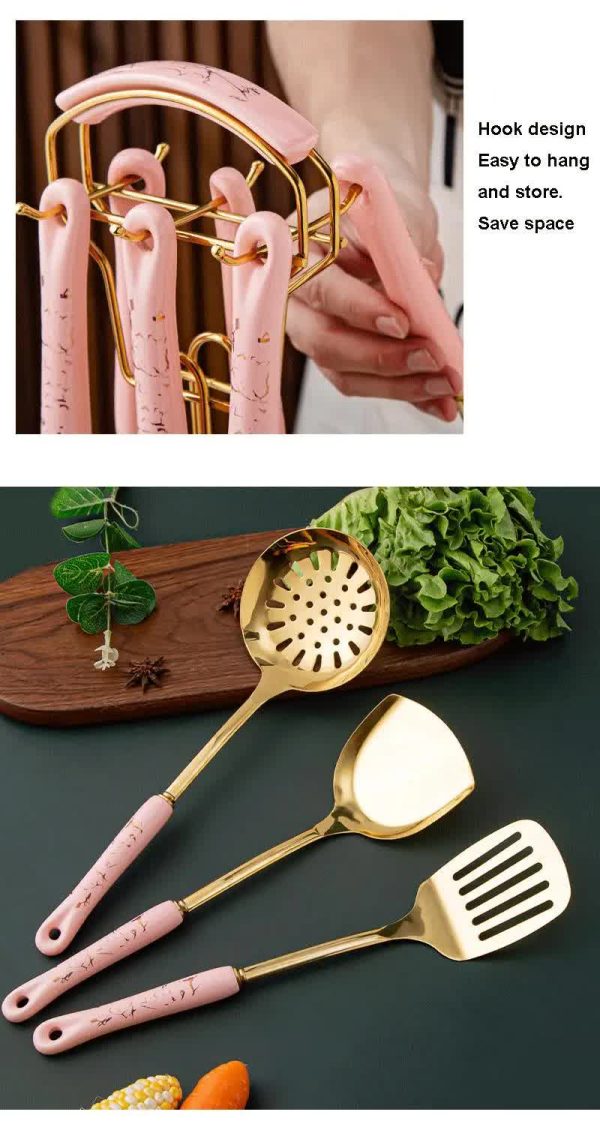 7-Piece Pink Gold Stainless Steel Kitchen Utensil Set | Cooking Tools with Stand