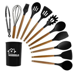 Black 11-Piece Silicone Kitchen Utensil Set – Heat-Resistant, Non-Stick Safe with Wooden Handles