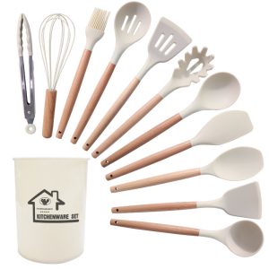 White 11-Piece Silicone Kitchen Utensil Set – Heat-Resistant, Non-Stick Safe with Wooden Handles