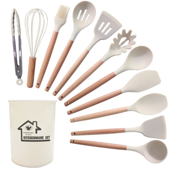 White 11-Piece Silicone Kitchen Utensil Set – Heat-Resistant, Non-Stick Safe with Wooden Handles