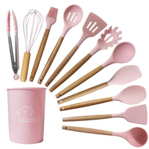 Pink 11-Piece Silicone Kitchen Utensil Set – Heat-Resistant, Non-Stick Safe with Wooden Handles