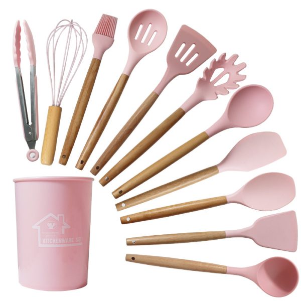 Pink 11-Piece Silicone Kitchen Utensil Set – Heat-Resistant, Non-Stick Safe with Wooden Handles